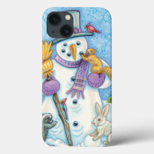 Süße Tiere bauen einen Schneemann für Weihnachten iPhone 13 Hülle