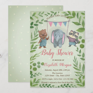 Süße Tiere, Blätter, Blaue Punkte Baby Shower Einladung