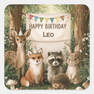 Süße Tiere feiern Geburtstag mit Namensbanner Quadratischer Aufkleber