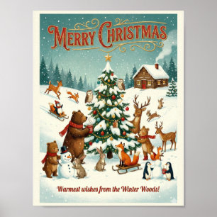 Süße Tiere feiern Weihnachten im Schnee Poster