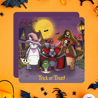 Süße Tiere Trick-or-Treat Halloween Flat Karte