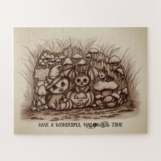 Süße Tiere warten auf Halloween Puzzle (Horizontal)