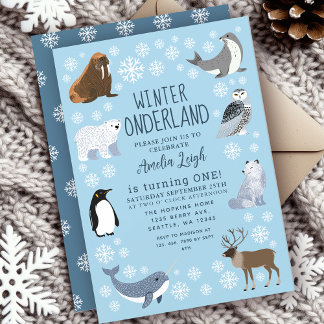 Süße Tiere Winter Onederland Kinder 1. Geburtstag Einladung