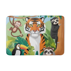 Süße Tierkinder Dschungel Tiger Affe Vogel Badematte