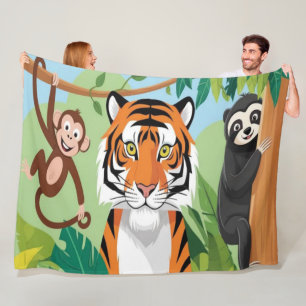 Süße Tierkinder Dschungel Tiger Affe Vogel Fleecedecke