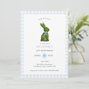 Süße Topiary-Hase blau Gingham Geburtstag  Einladung
