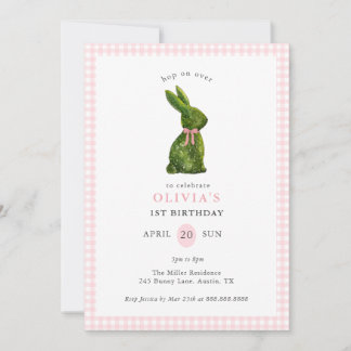 Süße Topiary-Hasen-Pink-Gingham-Mädchen-Geburtstag Einladung