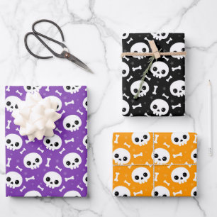 Süße Totenkopf- und Knochen-Halloween-Muster Geschenkpapier Set