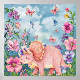 Süße Träume Floral Pink Rhino Kinderzimmer Poster