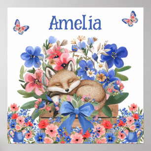 Süße Träume Florale Schlafende Füchsin & Name des  Poster