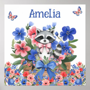 Süße Träume Florales Baby-Waschbär & Name des Kind Poster