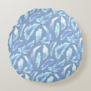 süße Träume - hellblaue Aquarellfedern: Rundes Kissen