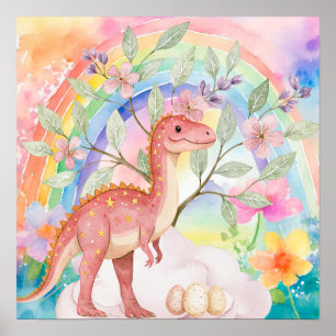Süße Träume Regenbogen Rosa Dinosaurier Kinderzimm Poster