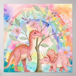 Süße Träume Regenbogen Rosa Dinosaurier Kinderzimm Poster