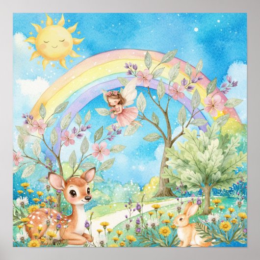 Süße Träume Regenbogenhirsch & Kaninchen-Kinderzim Poster (Vorne)