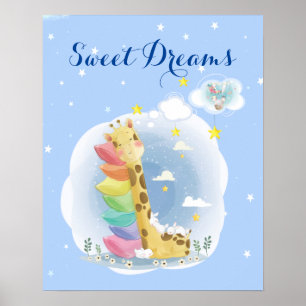 Süße Träume schlafende Giraffe mit Kaninchen Poster