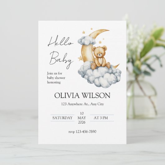 Süße Träume Teddybär auf dem Mond Einladung (Stehend Vorderseite)