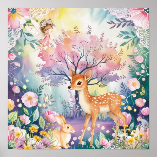 Süße Träume Waldhirsche & Hasen Kinderzimmer Poster (Vorne)