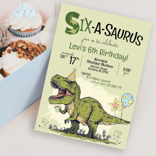 Süße TRex Dinosaurier Six-A-Saurus 6. Geburtstagsf Einladung