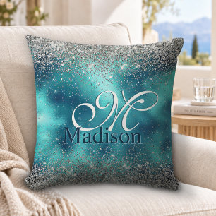 Süße türkise silberne falsche Glitter-Monogramm Kissen