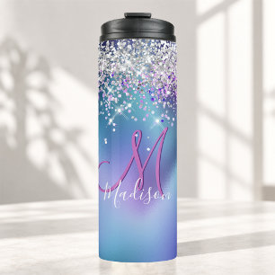 Süße türkisfarbene violette Faux-Glitter-Monogramm Thermosbecher