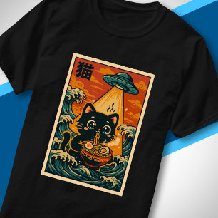Süße UFO-Katze isst Ramen Retro-Japanische Ukiyo-e T-Shirt