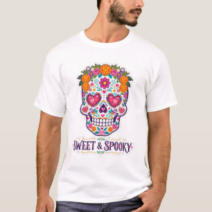 Süße und gruselige Zucker-Schädel-Blumen-Kunst T-Shirt