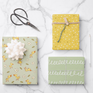 Süße und lustige Entenküken auf hellgrün Geschenkpapier Set