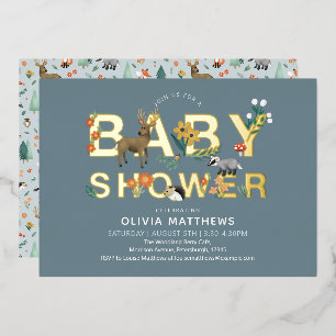 Süße und moderne Waldtiere Baby Shower für Jungen Folieneinladung