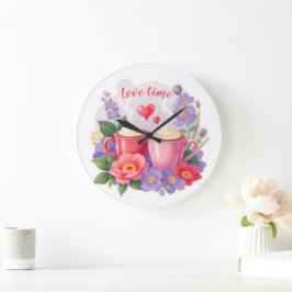 Süße Valentins-Cocoa-Tassen mit Blumen und Herzen Große Wanduhr