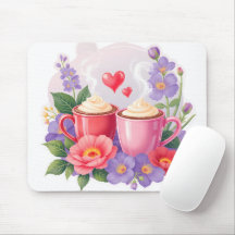Süße Valentins-Cocoa-Tassen mit Blumen und Herzen