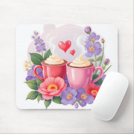 Süße Valentins-Cocoa-Tassen mit Blumen und Herzen Mousepad