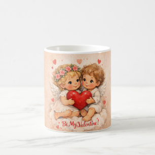 Süße Valentinskarte im Folk-Stil mit Engels-Kinder Kaffeetasse