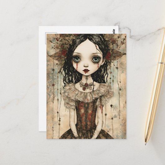 Süße Vampirpuppe Mixed Media Postkarte (Vorderseite/Rückseite Beispiel)