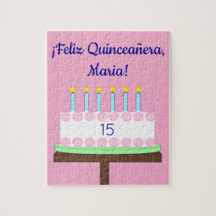 Süße Vanille-Quinceañera-Torte - Spanisch: Rosa Puzzle