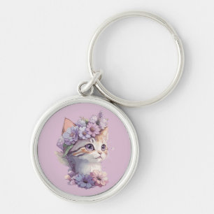 Süße Veilchen-Wasserfarben-Katze mit Flora Schlüsselanhänger