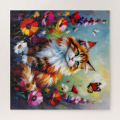 Süße verspielte Katze, Blumen und Schmetterlinge Puzzle (Horizontal)
