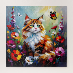 Süße verspielte Katze, Blumen und Schmetterlinge Puzzle