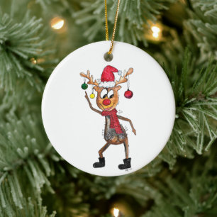 Süße verspielte tanzende Weihnachtshirsche Keramik Ornament