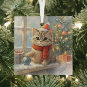 Süße verspielte Weihnachtskatze Ornament Aus Glas