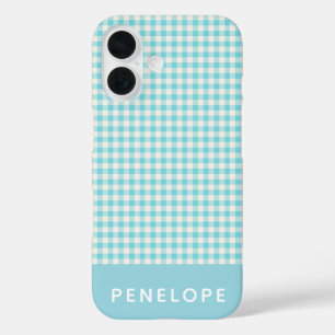 Süße Vintage-Aquablau-Gingham-Karo-Personalisierun iPhone 16 Hülle