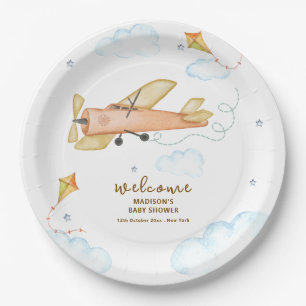 Süße Vintage-Aviator-Flugzeug-Baby-Party-Willkomme Pappteller