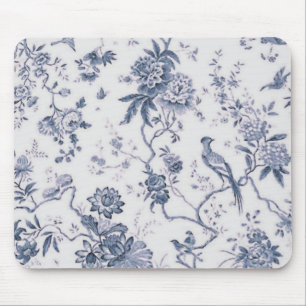 Süße Vintage blaue und weiße Vogel Blumen Mousepad