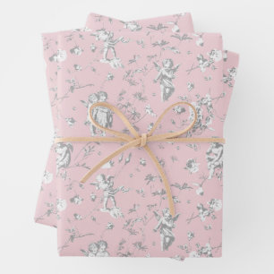 Süße Vintage-Cherub-Cupid-Engel Rosa Blumen-Toile Geschenkpapier Set