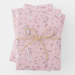 Süße Vintage-Cherub-Cupid-Engel Rosa Blumen-Toile Geschenkpapier Set