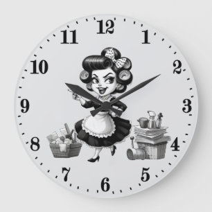 Süße Vintage-Dame beim Putzen Große Wanduhr