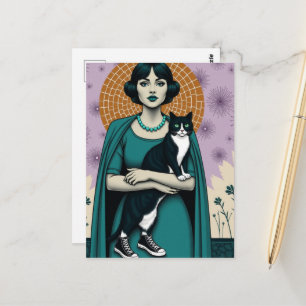 Süße Vintage-Dame und ihre Katze Sneakers Postkarte