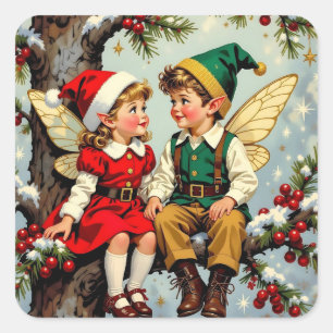 Süße Vintage-Elfen-Feenkinder Weihnachten Quadratischer Aufkleber