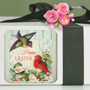 Süße Vintage-Frühlingsvögel Florales Easter-Sticke Quadratischer Aufkleber