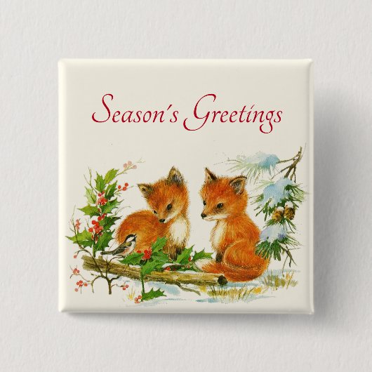 Süße Vintage-Füchse Retro-Weihnachtsszene Button (Vorderseite)